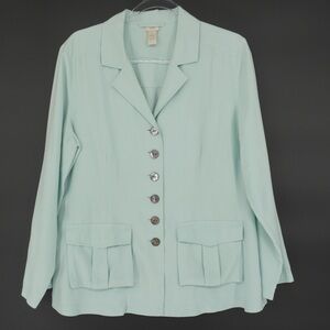 J.Jill Mint Teal Button Up 100% Silk Light Weight Blazer top blouse Size 14P